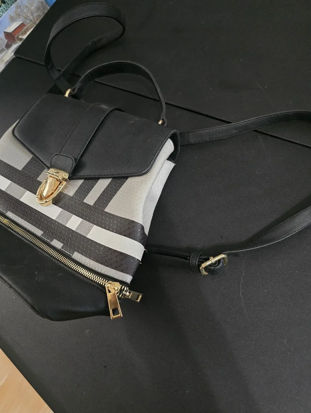 Stylish Black & Gray Patterned Women's Crossbody Backpack Satchel